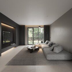 A living room with a couch and a table